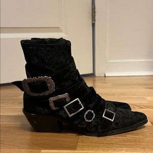 Black Velvet Buckle Ankle Boots
